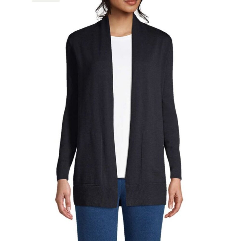 Land's End Women's Small Long Sleeve Open Long Cardigan Sweater, Black